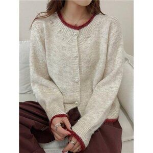 New Korean Style Color Block Beaded Knit Cardigan, Casual Versatile Sweater Top